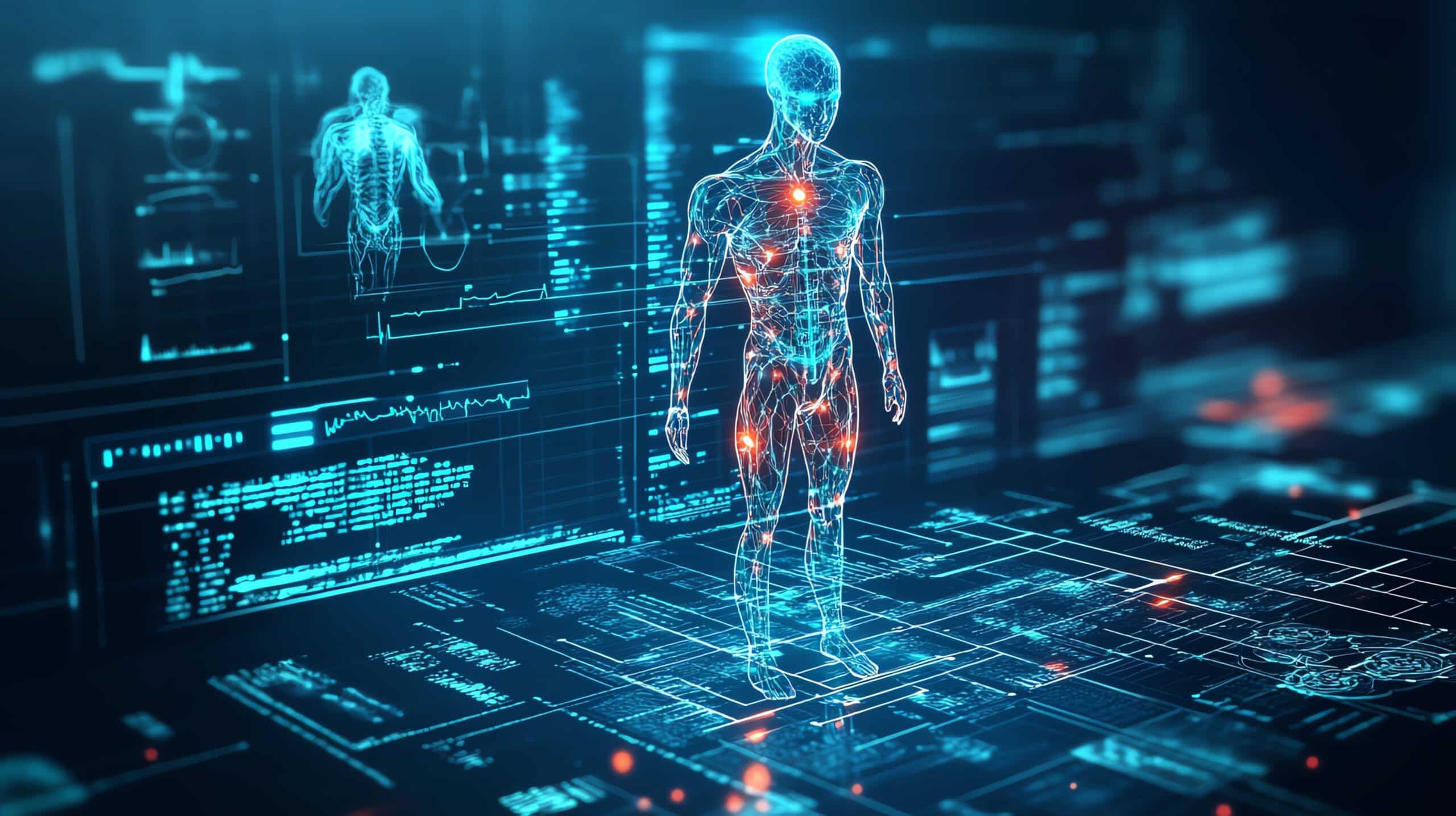 An AI-powered healthcare system with glowing medical data visualizations, symbolizing advanced diagnostics and treatment